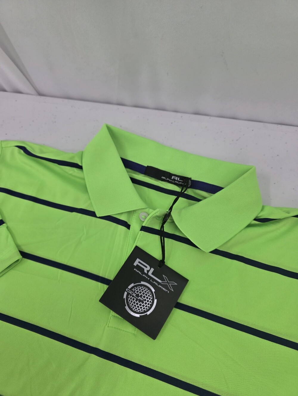 NWT RLX Ralph Lauren Mens Striped Performance Golf Polo Shirt Green Navy Size L.